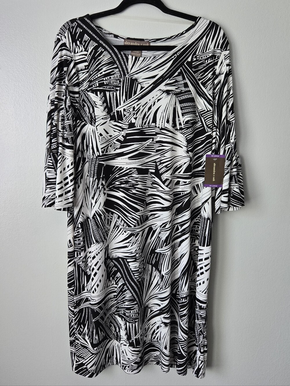 NWT Alexandra + Oak Black White Tropical Dress Bell Sleeve Palm Leaf Shift XXL